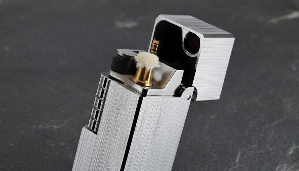 Side slip rectangular refillable lighter with brushed silver metal body and open lid showing wick and ignition system