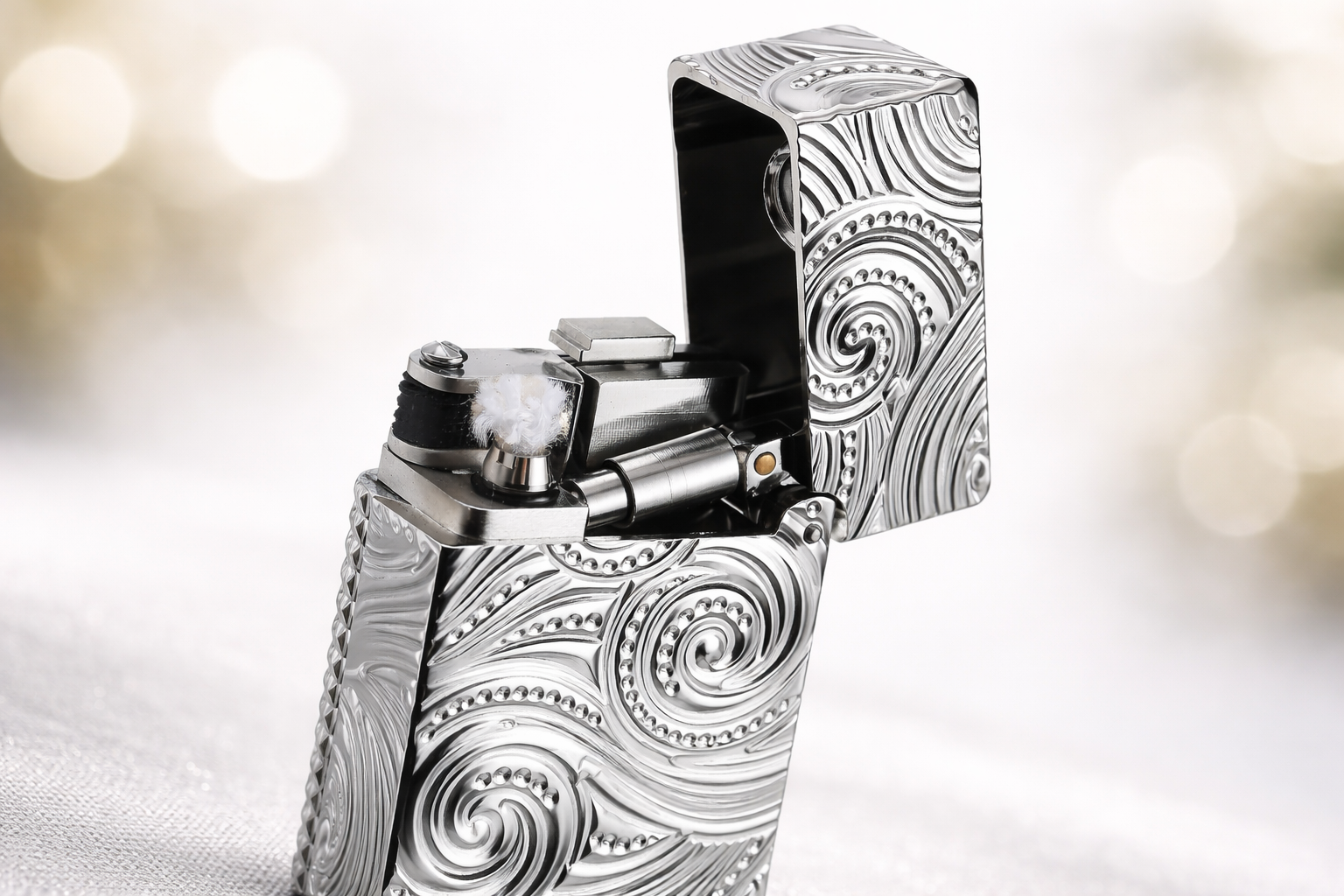 Silver-white Starry Sky narrow fluid lighter with textured metal surface and side-slip ignition, inspired by Starry Night aesthetics
