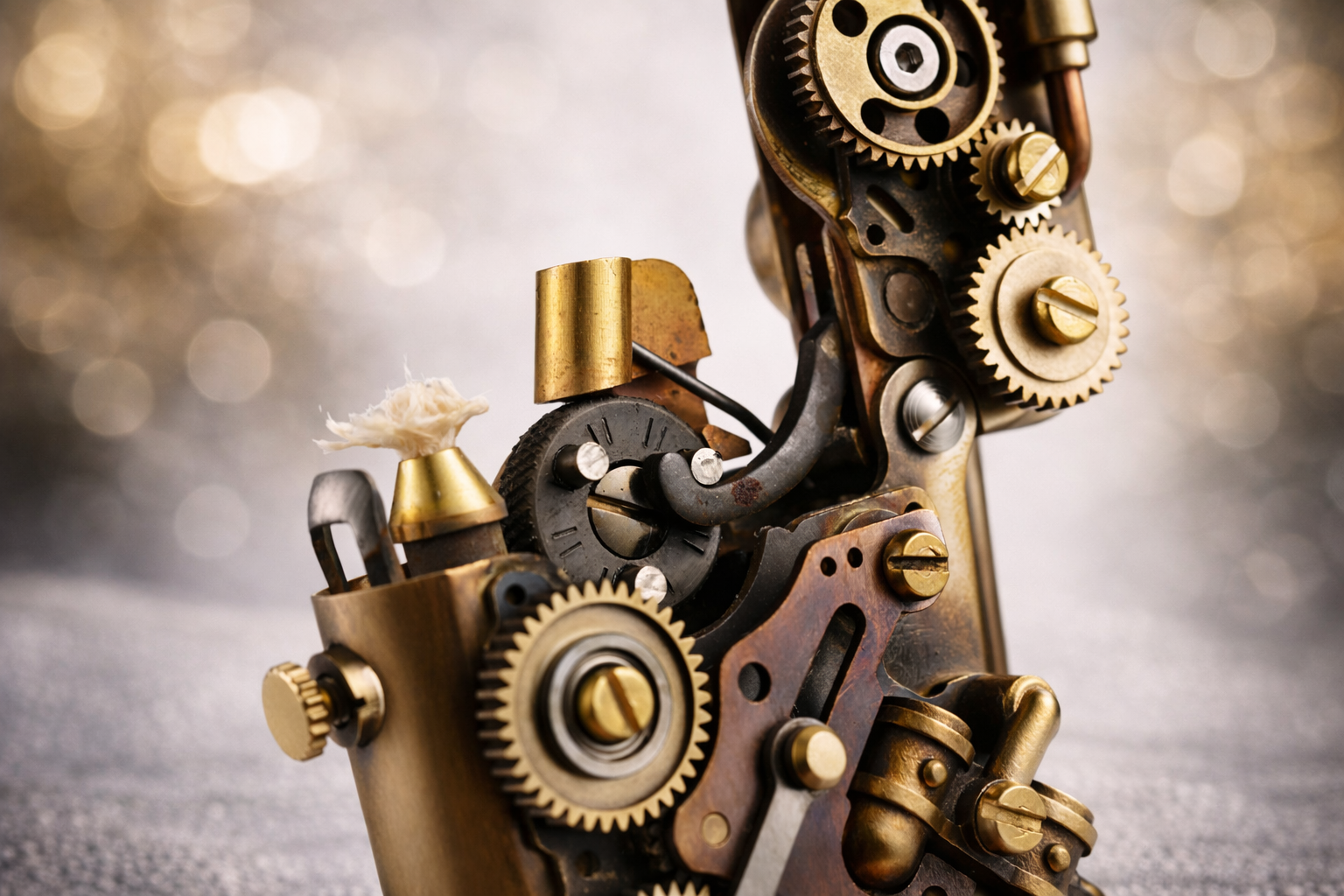 Exposed mechanical gears and wick structure on an antique bronze steampunk lighter