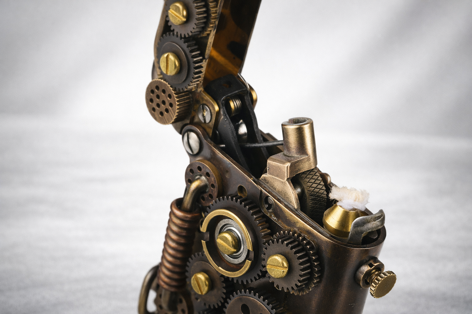 Steampunk lighter with exposed gears and industrial mechanical detailing