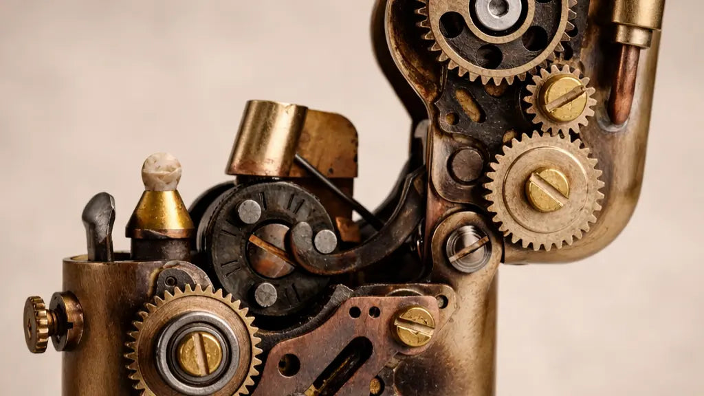 Close-up of a steampunk mechanical lighter with exposed brass gears and antique bronze finish