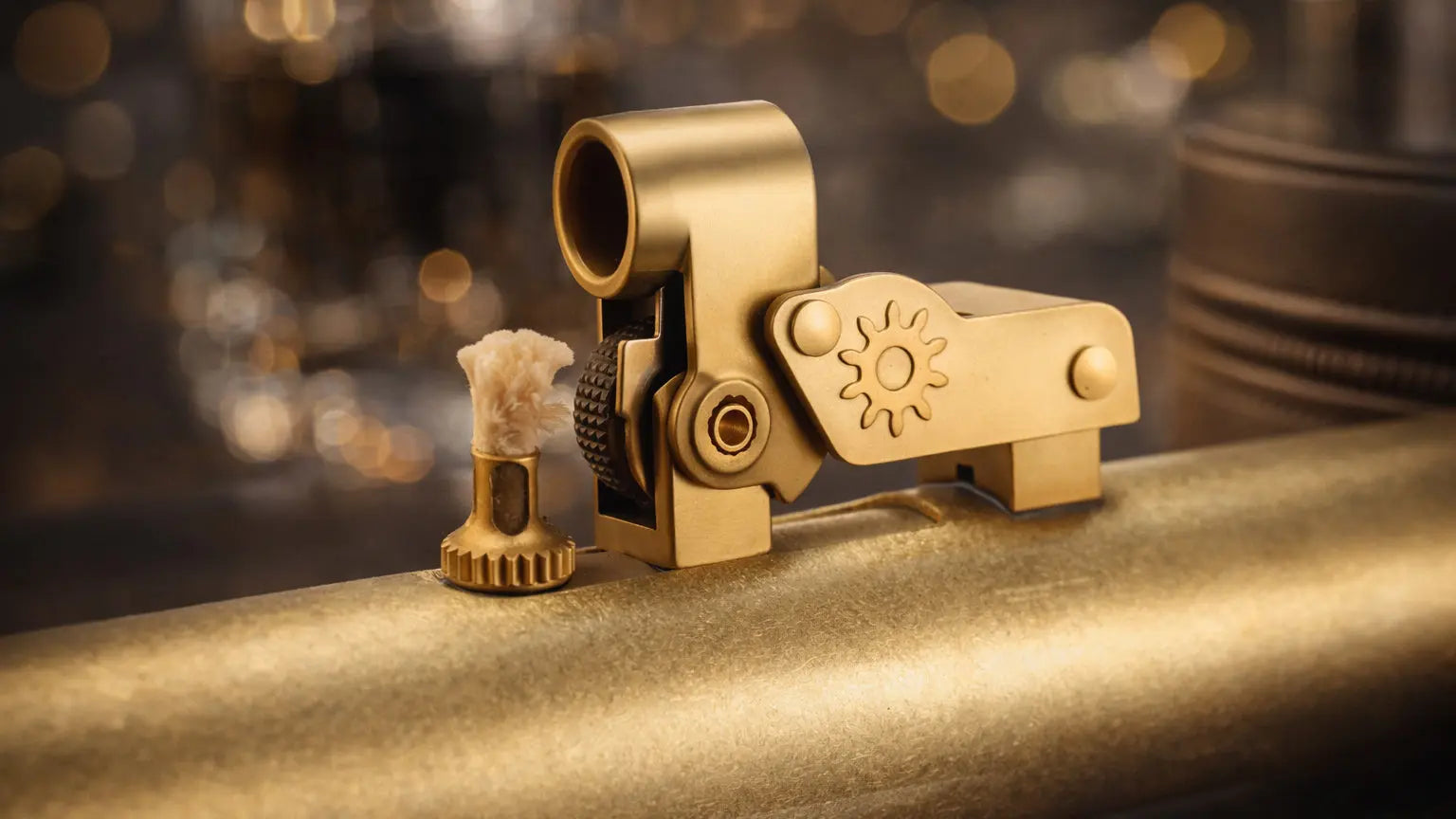 Press-operated mechanical ignition detail on a solid brass submarine trench lighter