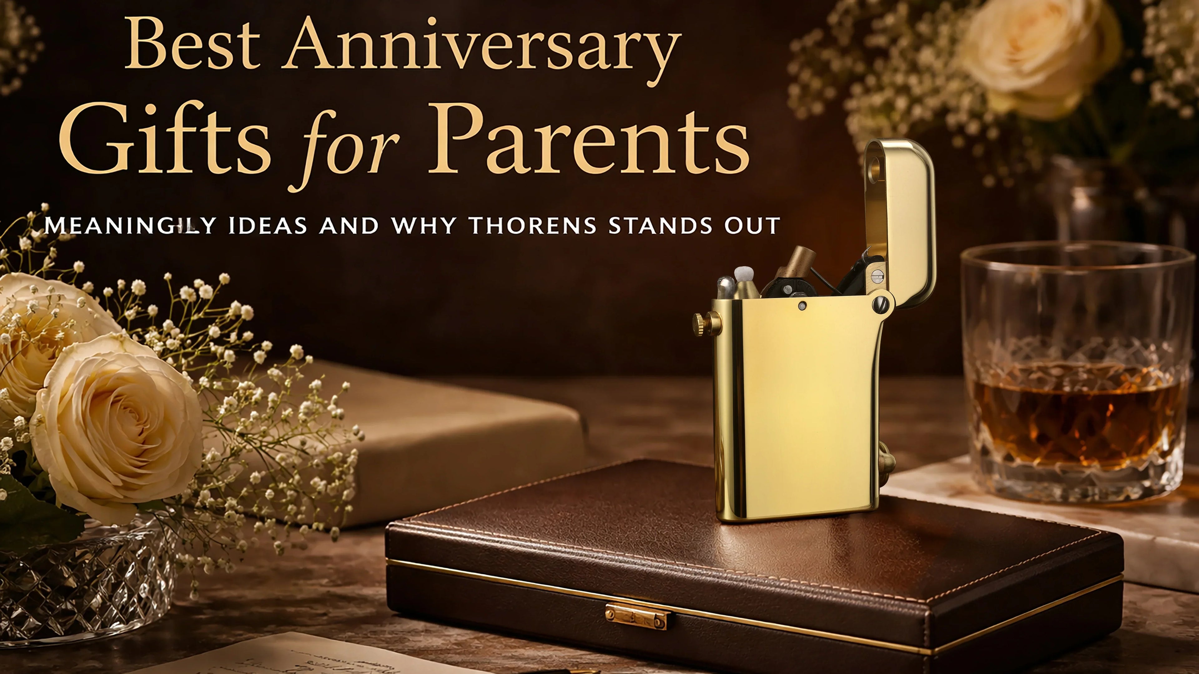 THORENS lighter in a refined anniversary gift setting for parents, featuring roses, warm lighting, and a whiskey glass