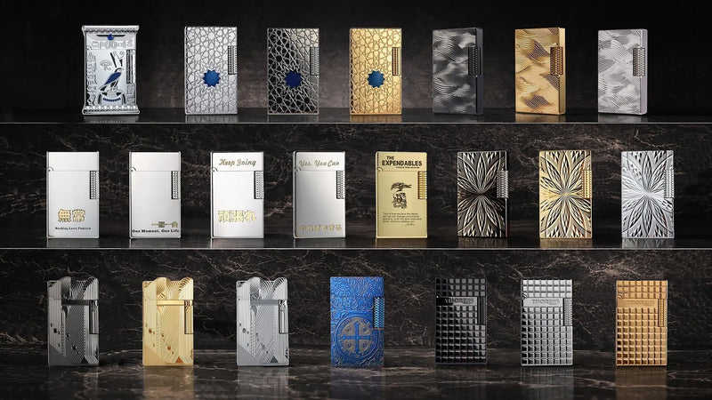 THORENS Crisp Sound Series fluid lighters displayed on three dark marble shelves in silver, gold, black, and blue finishes