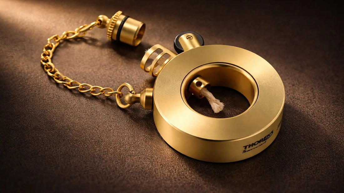 Thorens brass fluid lighter with circular open-frame design, exposed cotton wick, and refillable mechanical construction
