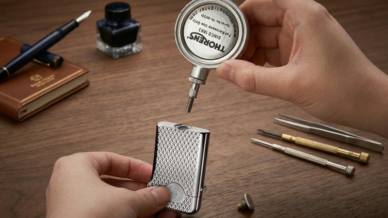 THORENS fluid lighter refill point guide showing a hand holding the lighter, removed refill screw, and fluid canister during refilling on a wooden desk.