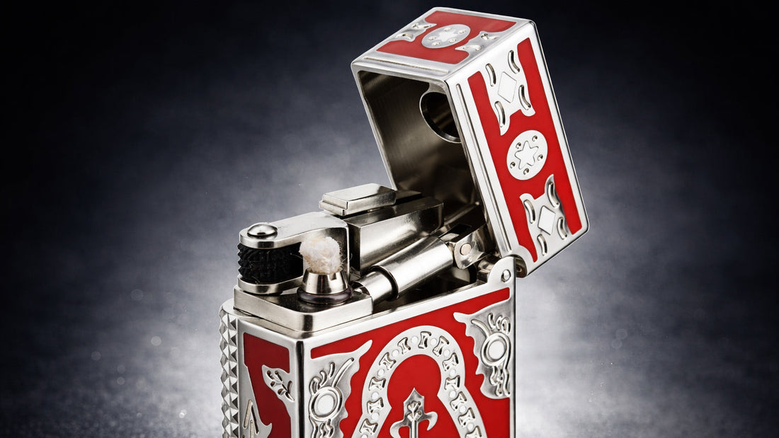 Side slip lighter with polished silver body and red enamel panels, featuring a Holy Grail emblem and exposed mechanical ignition with cotton wick