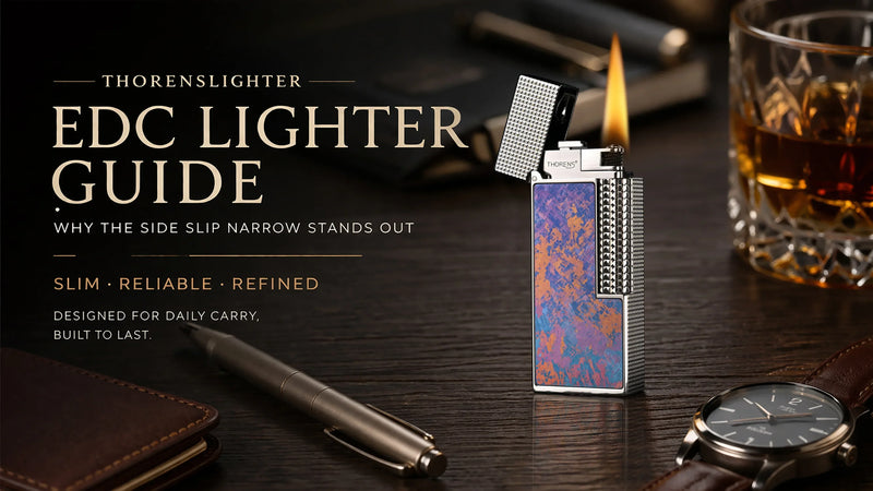 THORENS Side Slip Narrow lighter featured in a blog banner, shown open on a dark wood desk with a whiskey glass and everyday carry accessories, creating a refined EDC atmosphere.