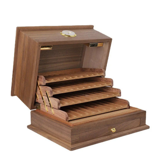 Cigar storage box, drawer design, black walnut cedar wood with hygrometer THORENS