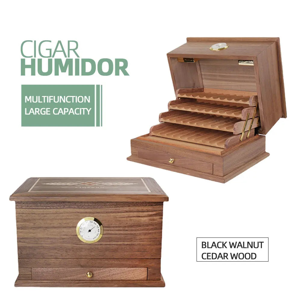 Cigar Storage Containers Black Walnut Cigar Humidor Box with Cedar Interior Hygrometer Drawer ...