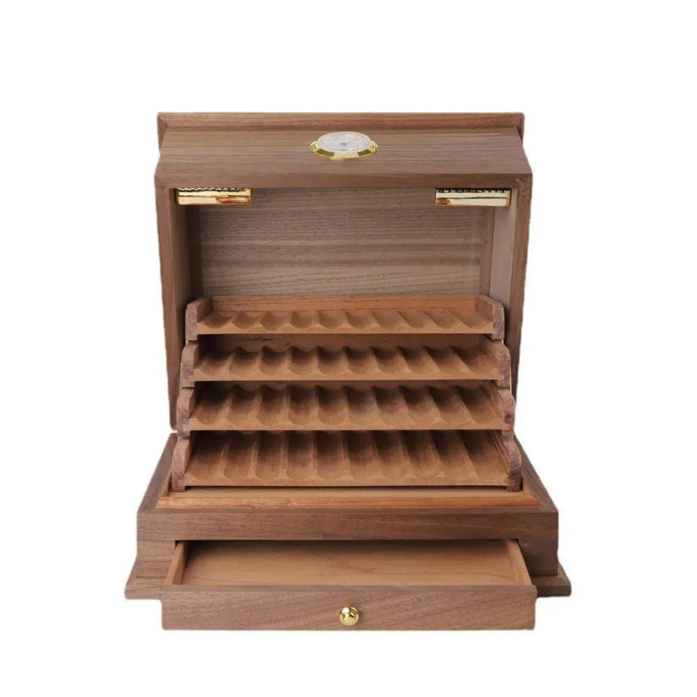 Cigar storage box, drawer design, black walnut cedar wood with hygrometer THORENS