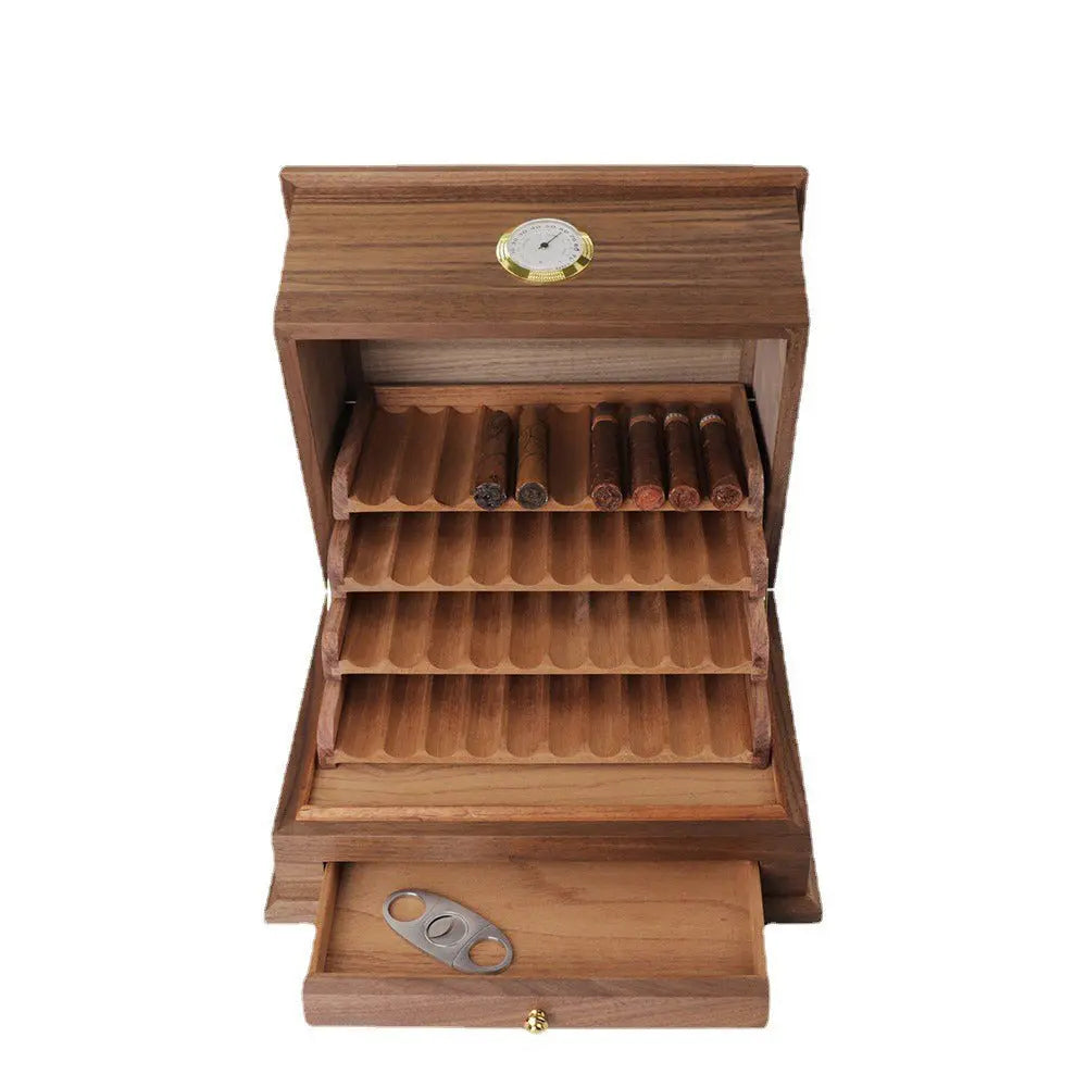 Cigar storage box, drawer design, black walnut cedar wood with hygrometer THORENS