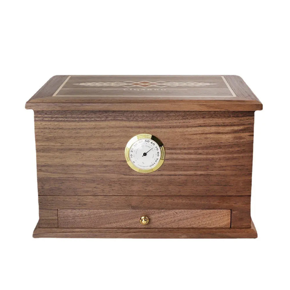 Cigar storage box, drawer design, black walnut cedar wood with hygrometer THORENS