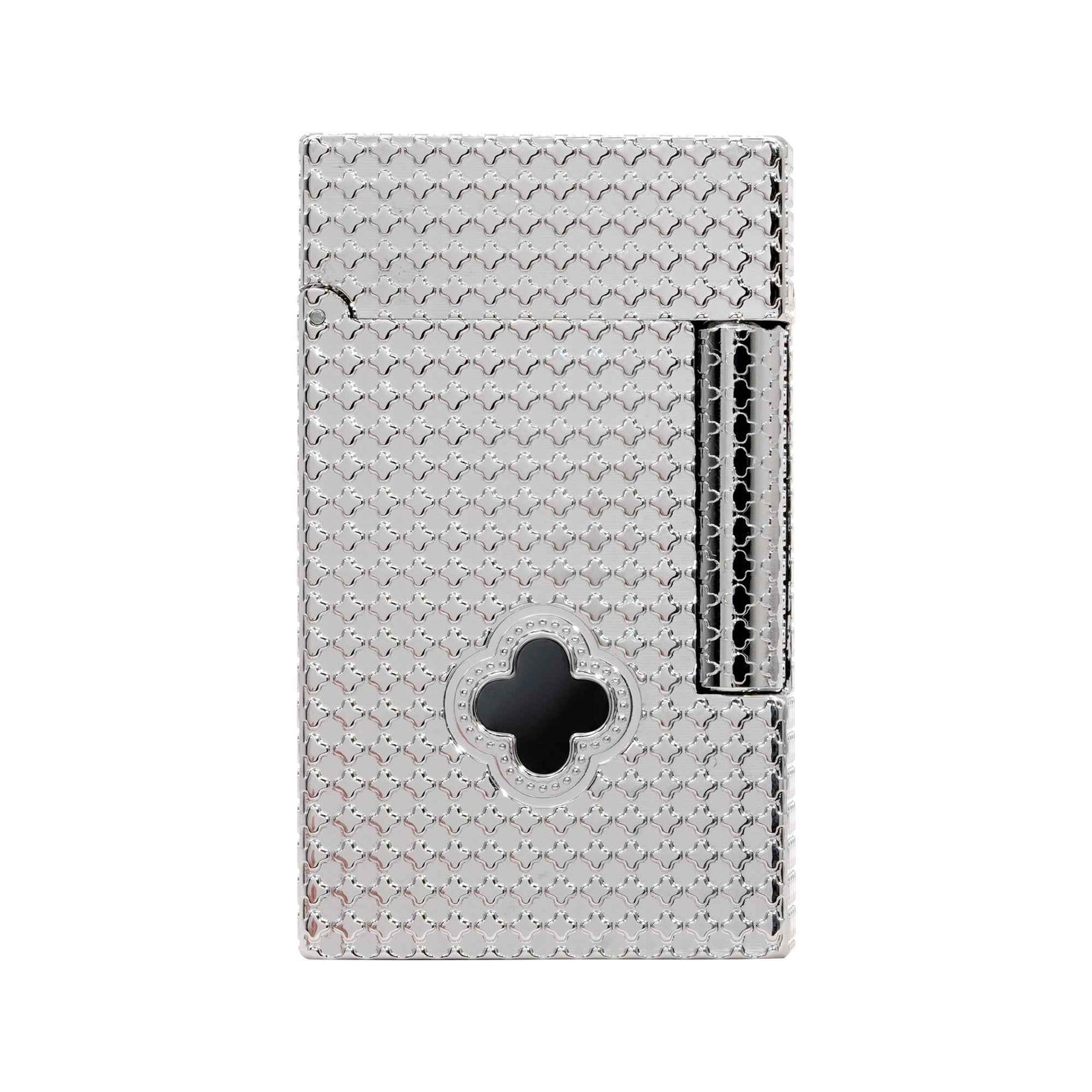 THORENS Clover Monogram Silver – Onyx Clover lighter featuring a precision-engraved tactile pattern and a central black onyx clover inlay.