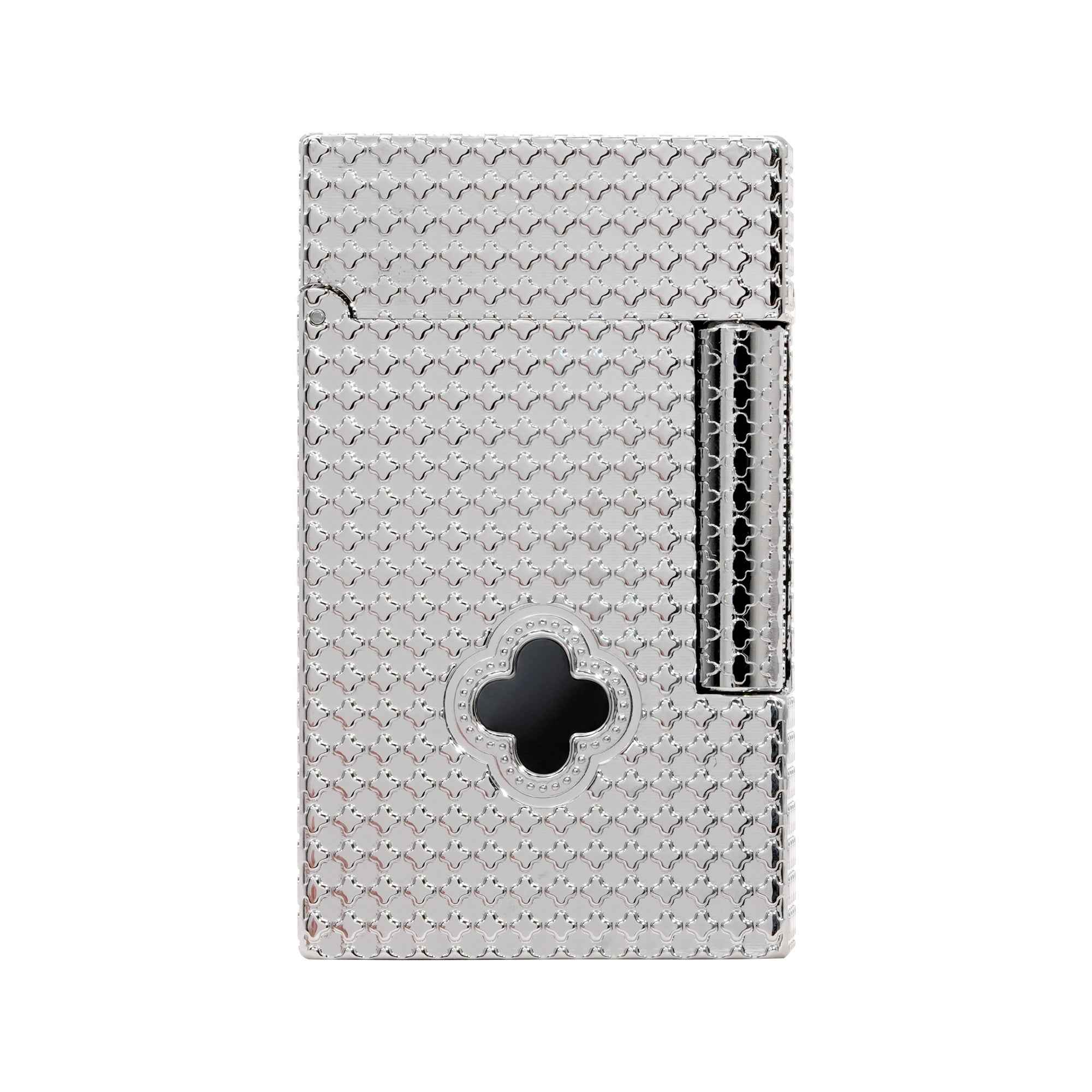 THORENS Clover Monogram Silver – Onyx Clover lighter featuring a precision-engraved tactile pattern and a central black onyx clover inlay.