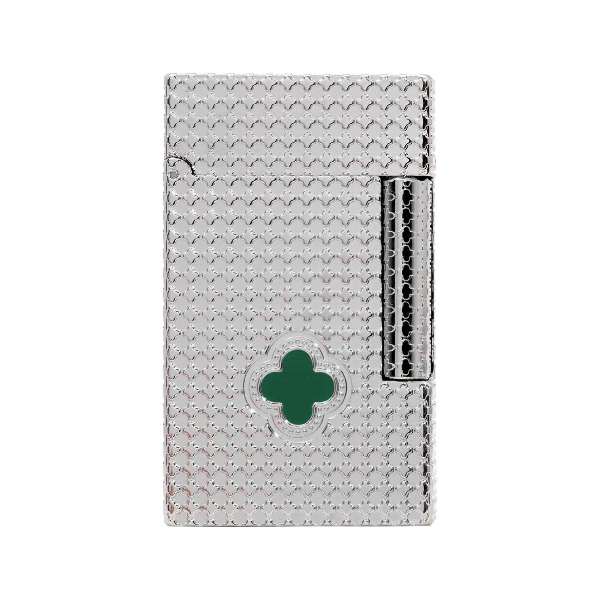 THORENS Clover Monogram Silver – Emerald Clover lighter featuring a precision-engraved silver body with a central green clover inlay.