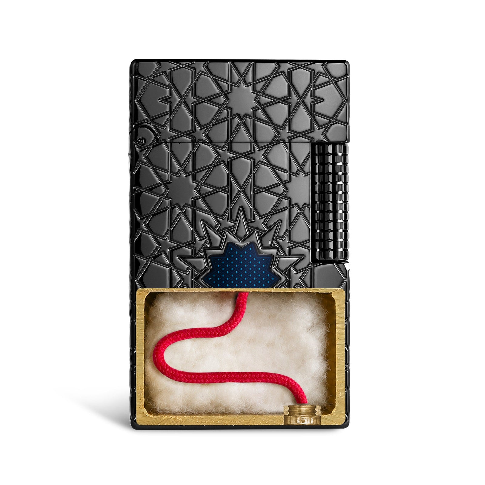 THORENS Stellar Mesh - Black lighter featuring a cutaway view of the solid brass fuel chamber, red cotton wick, and geometric star engravin…