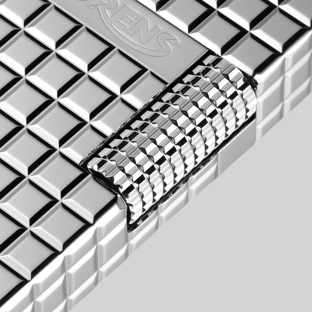 THORENS Crisp Sound - Argent Blocks lighter featuring a precision-engineered knurled roller and tactile CNC-machined grid pattern.