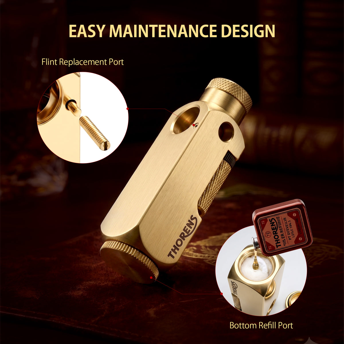THORENS Flamido Lighter featuring a solid brass body with precision-engineered flint replacement and bottom fluid refill ports.