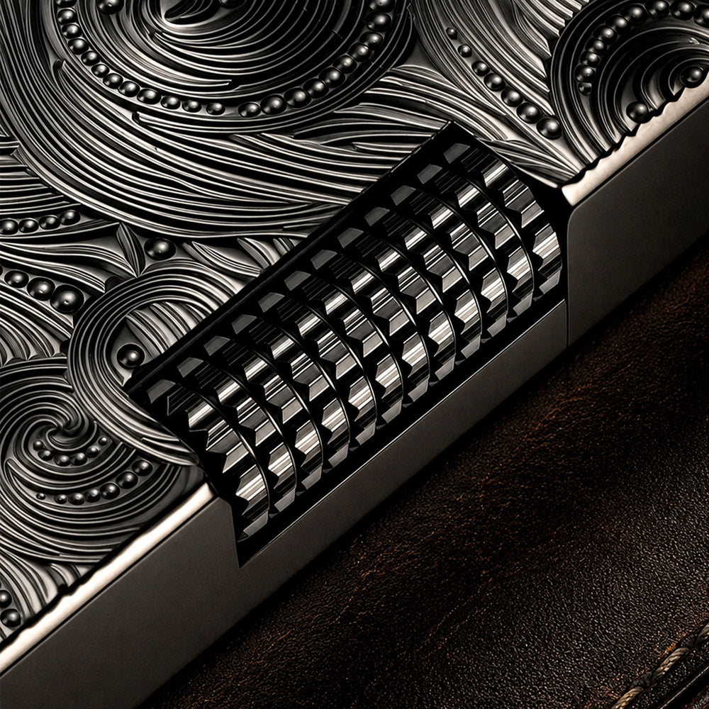 THORENS Crisp Sound - Vortex Engraved - Black lighter featuring a precision-engineered flint wheel and intricate CNC-machined vortex patter…