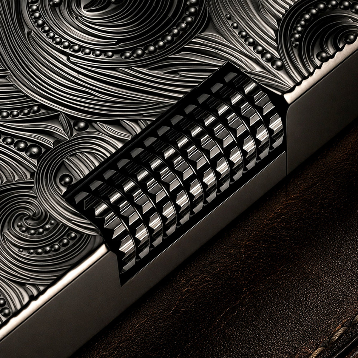 THORENS Crisp Sound - Vortex Engraved - Black lighter featuring a precision-engineered flint wheel and intricate CNC-machined vortex patter…