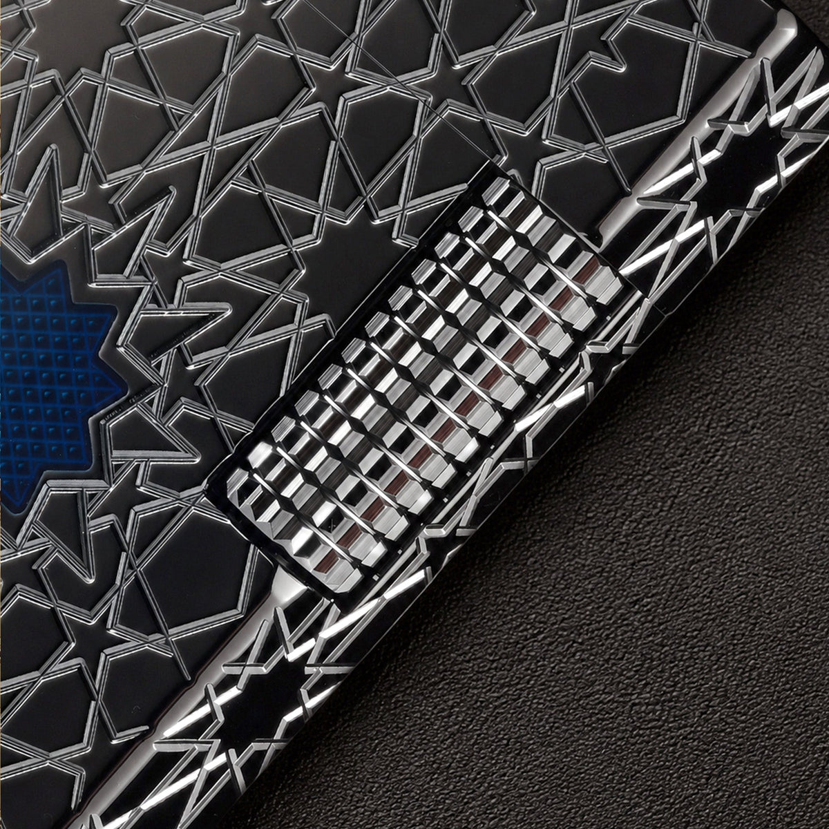 THORENS Stellar Mesh - Black lighter featuring precision-etched geometric star patterns and a tactile, industrial chrome ignition roller.