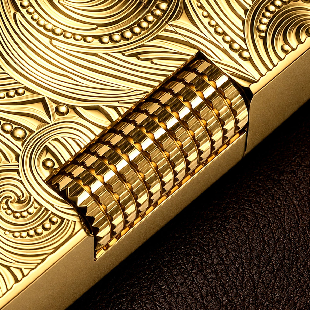 THORENS Crisp Sound - Vortex Engraved - Gold lighter featuring a precision-engineered tactile roller and intricate CNC-machined patterns.