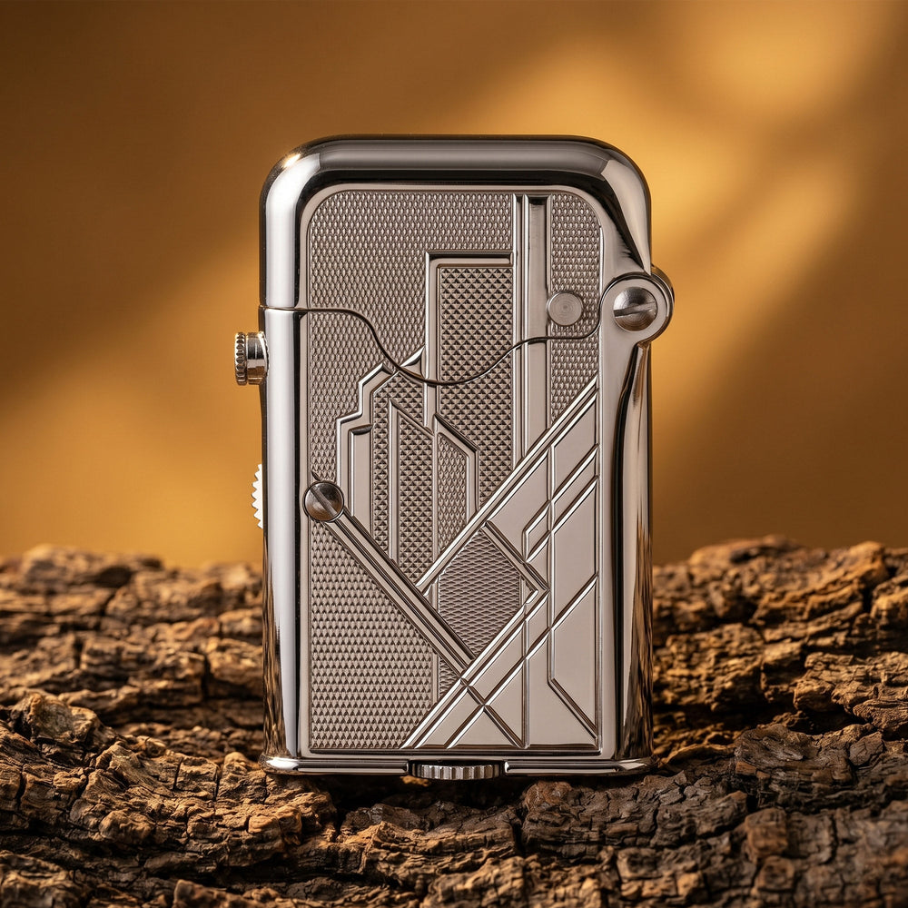 THORENS Gen 7 - Single Claw - TELEFLAM - Silver Metropolis lighter with Art Deco geometric engravings and a precision mechanical ignition.