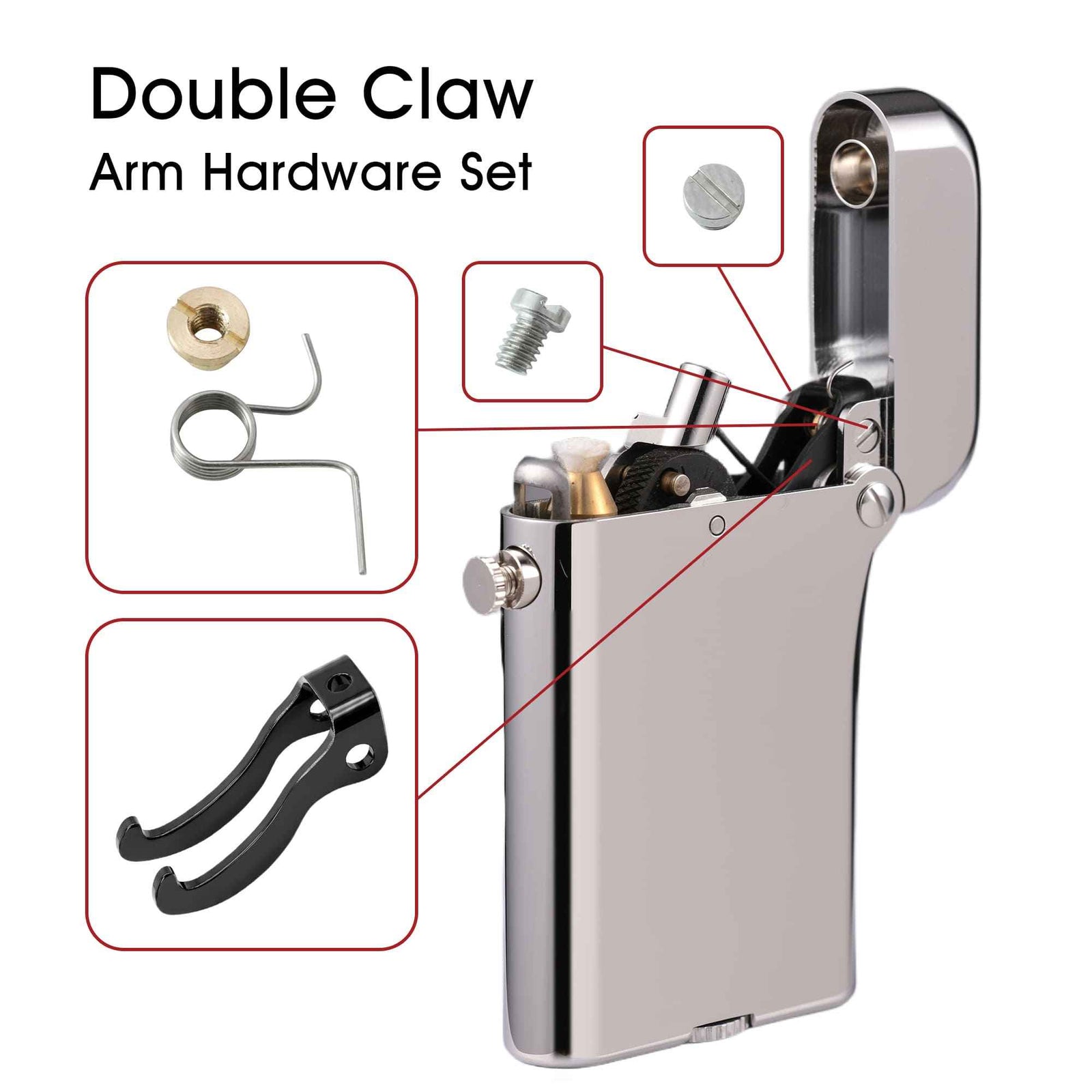 THORENS Double Claw Lighter Replacement Parts and Care Accessories showing a precision-engineered arm hardware set with springs and screws.