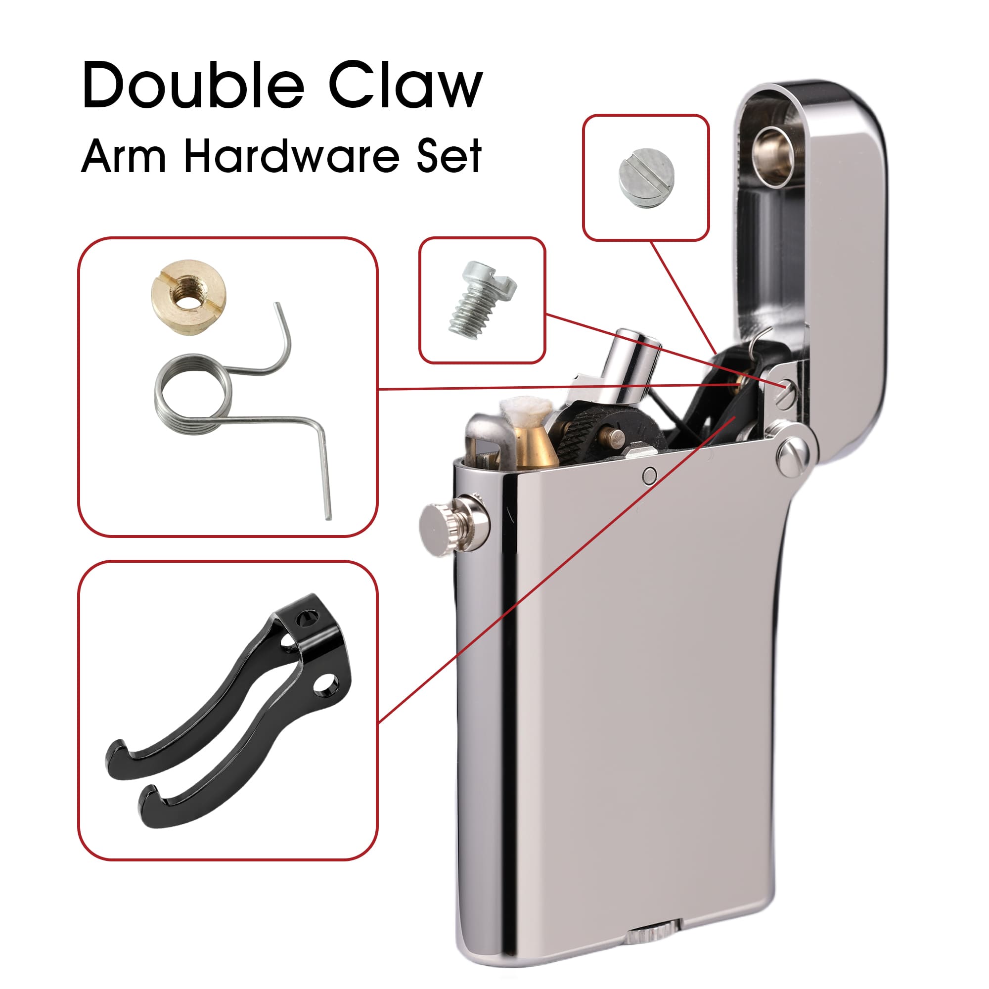 THORENS Double Claw Lighter Replacement Parts and Care Accessories showing a precision-engineered arm hardware set with springs and screws.