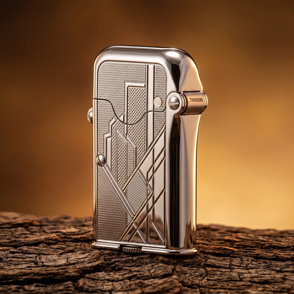 THORENS Gen 7 - Single Claw - TELEFLAM - Silver Metropolis lighter featuring Art Deco geometric engravings and a precision mechanical hinge.
