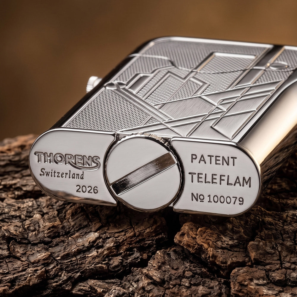 THORENS Gen 7 - Single Claw - TELEFLAM - Silver Metropolis lighter with precision-engineered engravings and a polished mechanical base.