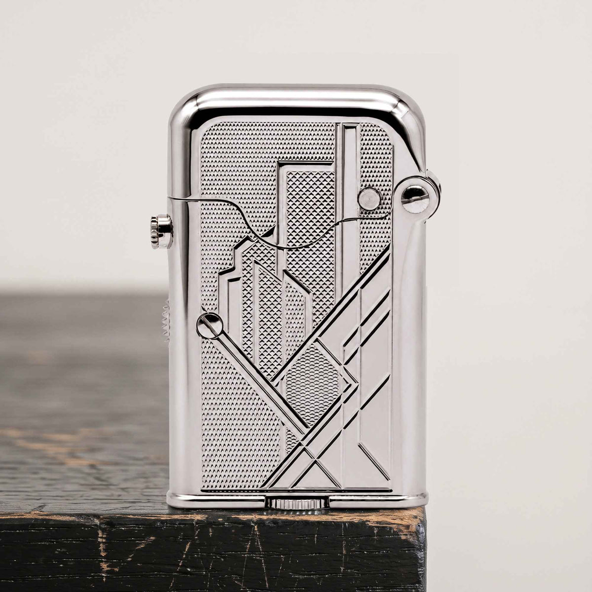 THORENS Gen 7 - Single Claw - TELEFLAM - Silver Metropolis lighter with precision-engineered engravings and a polished mechanical base.