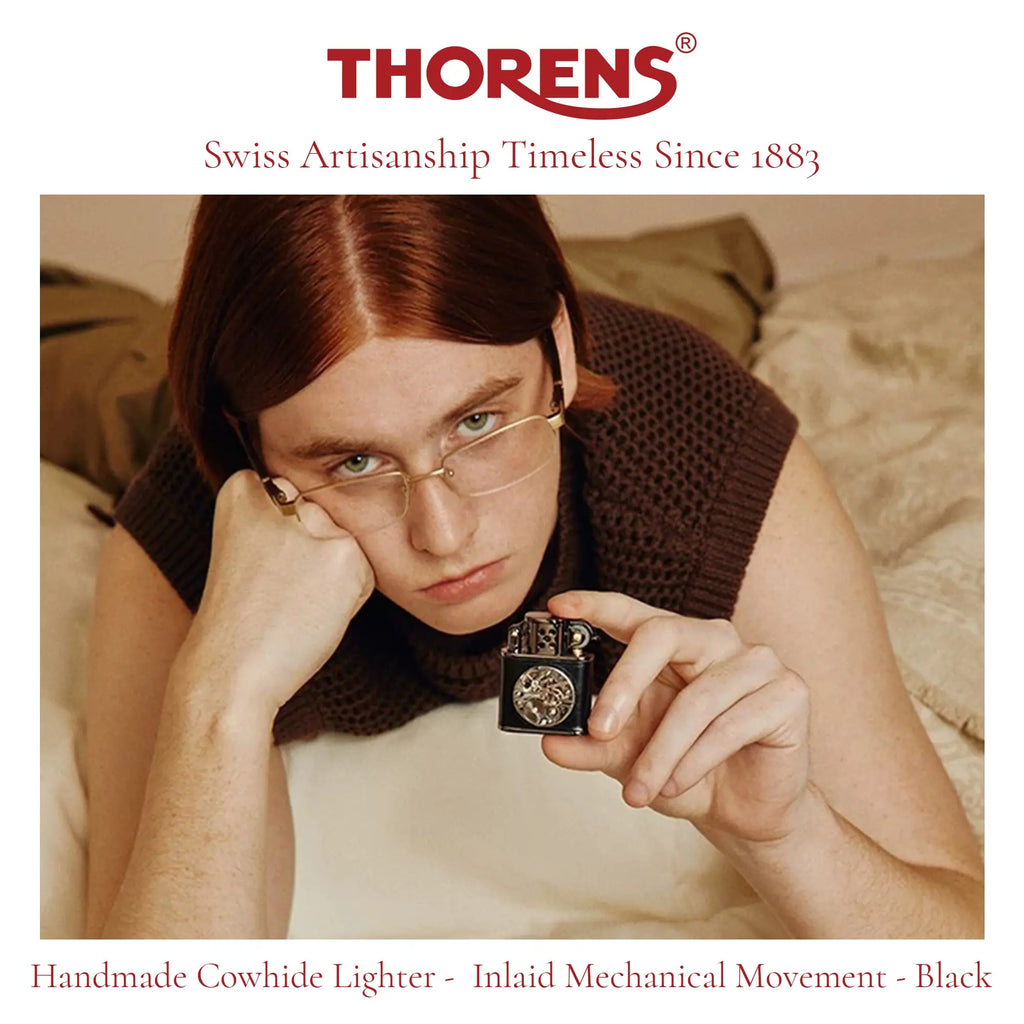 Handmade Cowhide Lighter -  Inlaid Mechanical Movement - Black THORENS