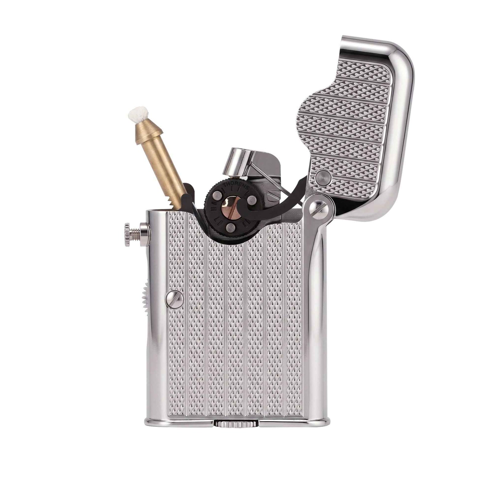 THORENS Gen 7 - Single Claw - TELEFLAM - Fluted Silver lighter with an open mechanical sequence and precision-engineered fluted texture.