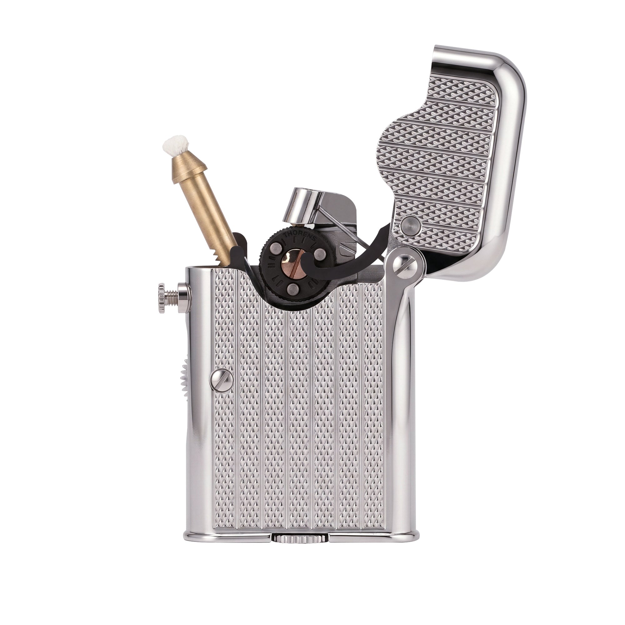 THORENS Gen 7 - Single Claw - TELEFLAM - Fluted Silver lighter with an open mechanical sequence and precision-engineered fluted texture.