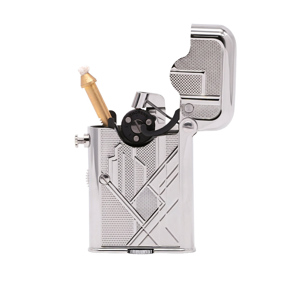 THORENS Gen 7 - Single Claw - TELEFLAM - Silver Metropolis lighter with art deco engraving, open lid, and exposed mechanical ignition.