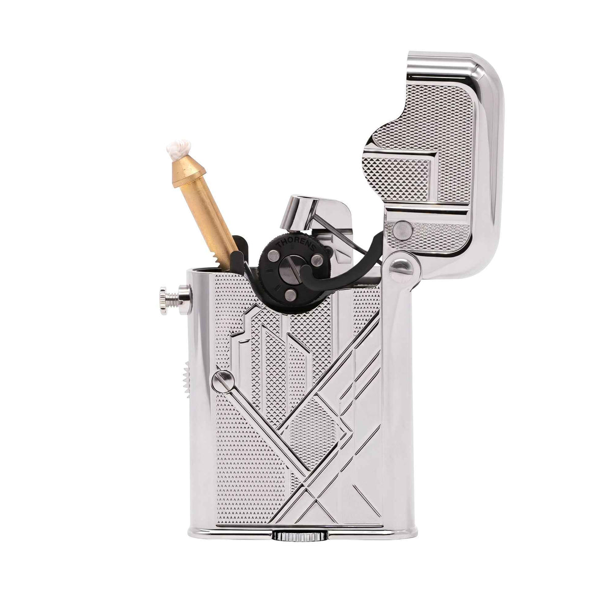 THORENS Gen 7 - Single Claw - TELEFLAM - Silver Metropolis lighter with art deco engraving, open lid, and exposed mechanical ignition.
