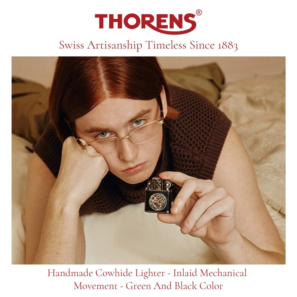 Handmade Cowhide Lighter - Inlaid Mechanical Movement - Green And Black Color THORENS