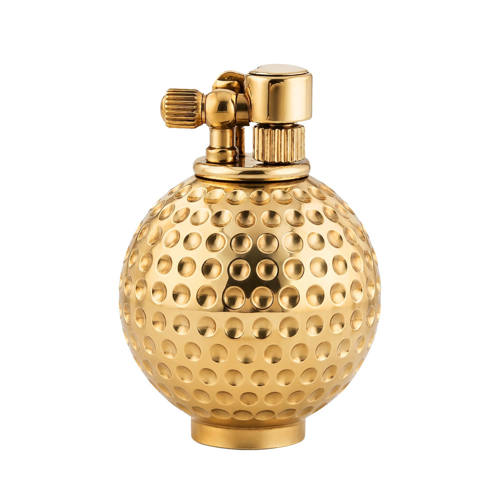 Dimpled Ace solid brass fluid lighter featuring a golf ball-inspired spherical body and a precision-engineered mechanical ignition system.