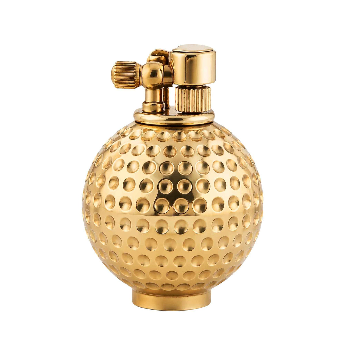 Dimpled Ace solid brass fluid lighter featuring a golf ball-inspired spherical body and a precision-engineered mechanical ignition system.