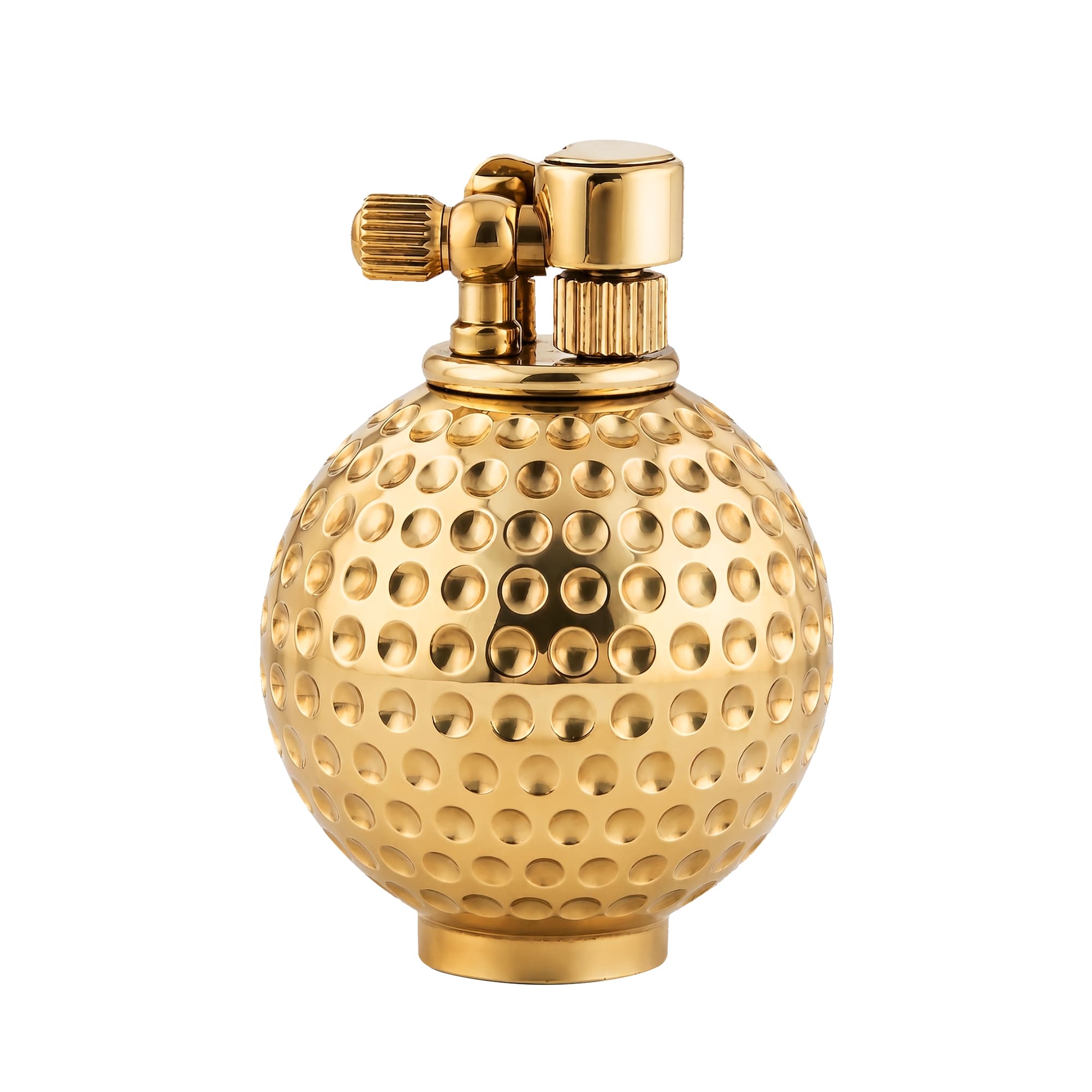 Dimpled Ace solid brass fluid lighter featuring a golf ball-inspired spherical body and a precision-engineered mechanical ignition system.