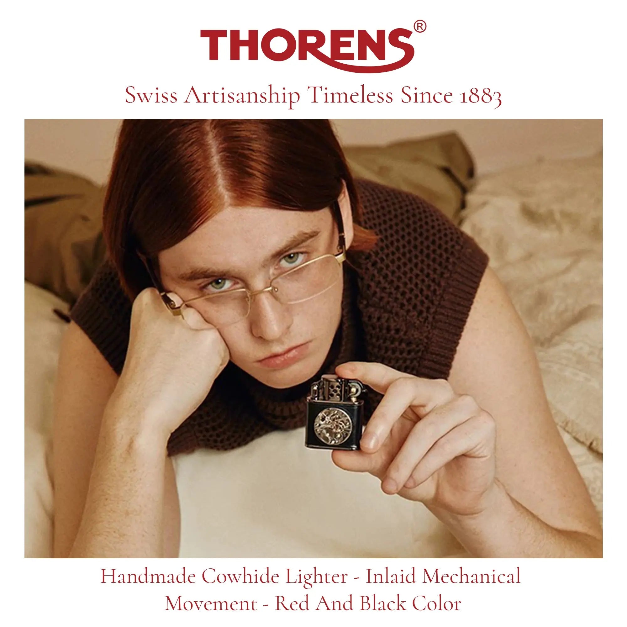 Handmade Cowhide Lighter - Inlaid Mechanical Movement - Red And Black Color THORENS