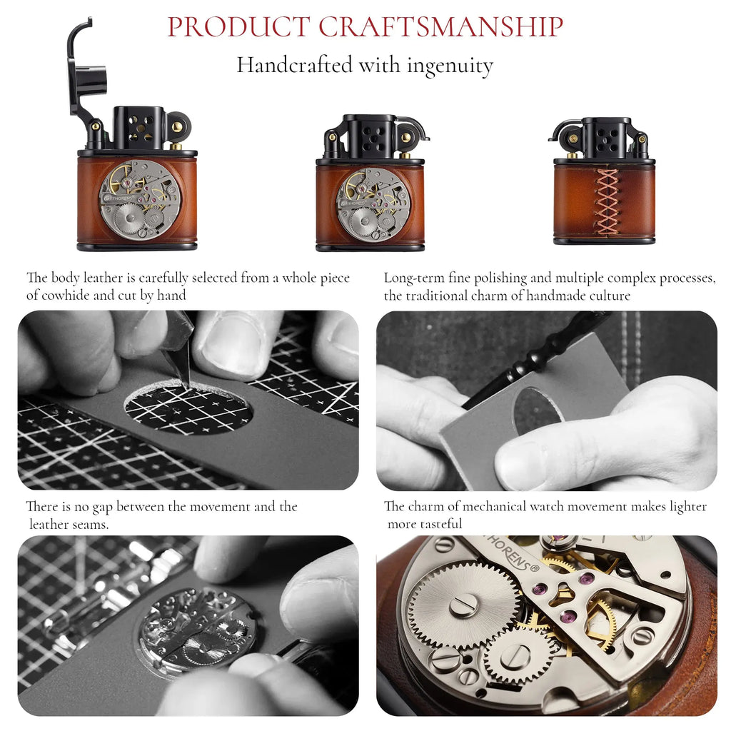 Handmade Cowhide Lighter - Inlaid Mechanical Movement - Brown And Black Color THORENS