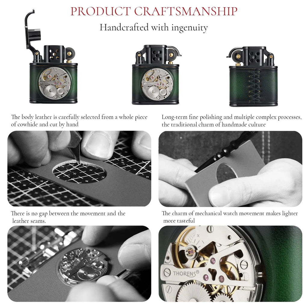 Handmade Cowhide Lighter - Inlaid Mechanical Movement - Green And Black Color THORENS