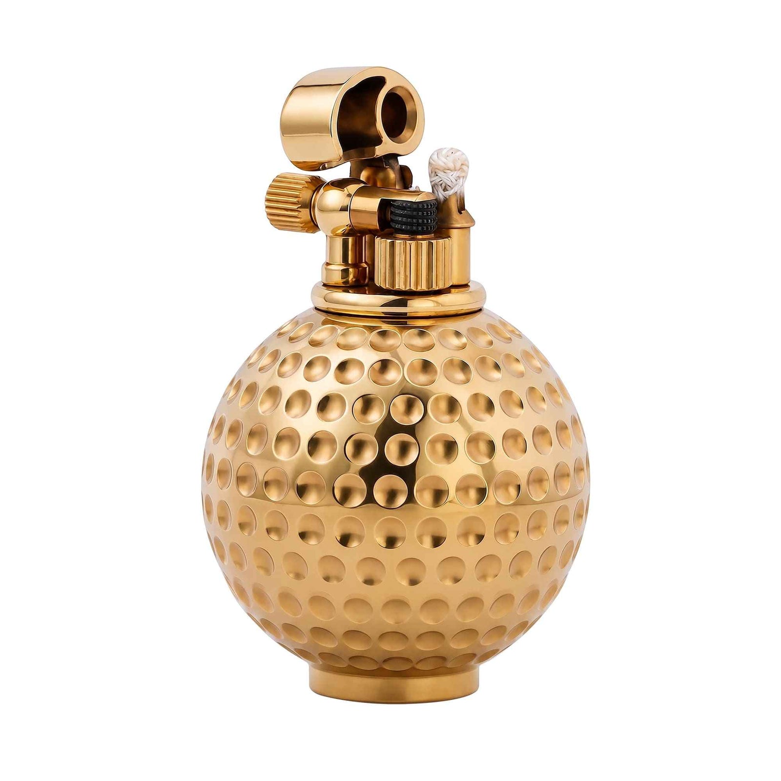 Dimpled Ace fluid lighter in polished solid brass featuring a golf ball-inspired spherical body and precision-engineered mechanical ignitio…
