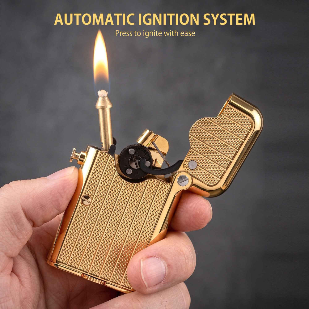 THORENS Gen 7 - Single Claw - TELEFLAM - Fluted Gold lighter featuring a precision-engineered automatic ignition system and a lit flame.