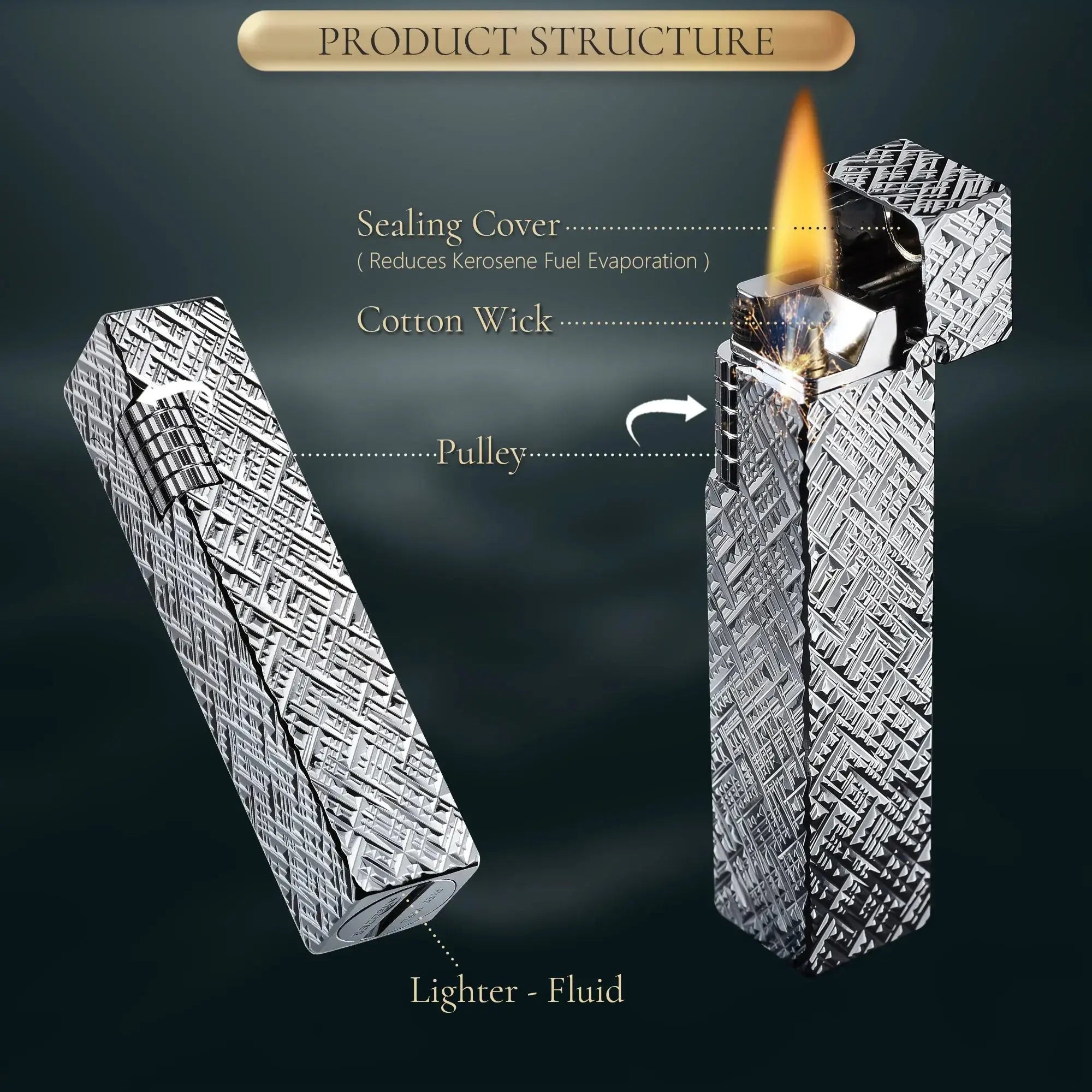 Side Slip - Rectangular Lighter - Silver Carving THORENS