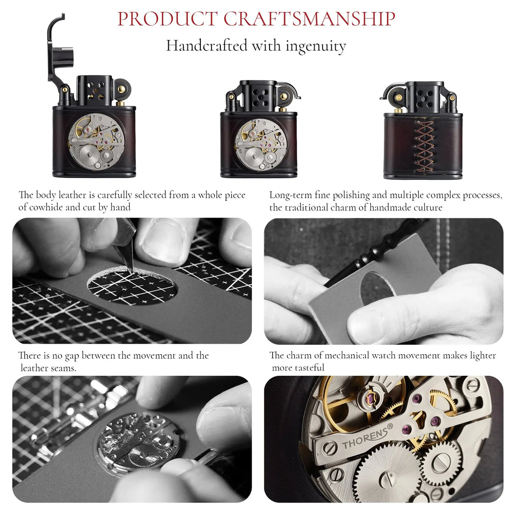 Handmade Cowhide Lighter - Inlaid Mechanical Movement - Red And Black Color THORENS