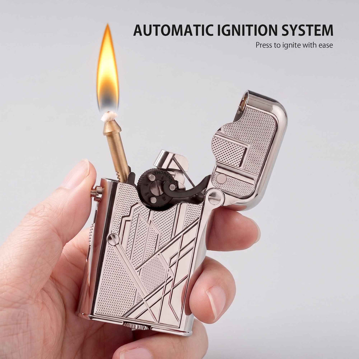 THORENS Gen 7 - Single Claw - TELEFLAM - Silver Metropolis lighter with automatic ignition system and precision-engineered mechanical seque…